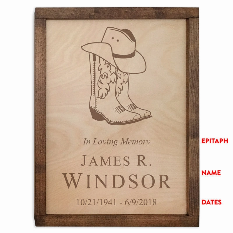 Cowboy Boots Wall Mounted Wood Cremation Urn Plaque