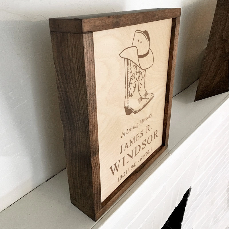 Cowboy Boots Wall Mounted Wood Cremation Urn Plaque