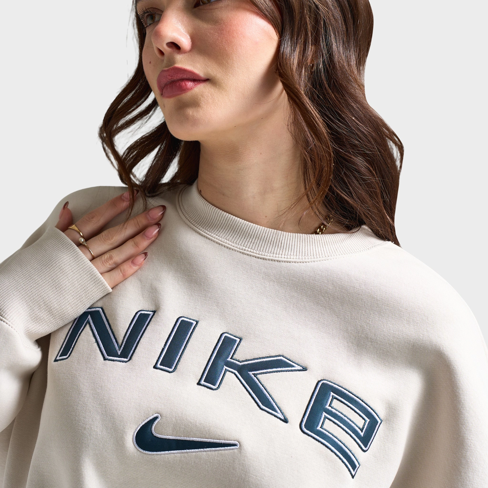 Nike Sportswear Women's Over-Oversized Logo Crewneck Light Orewood Brown / White - Armory Navy