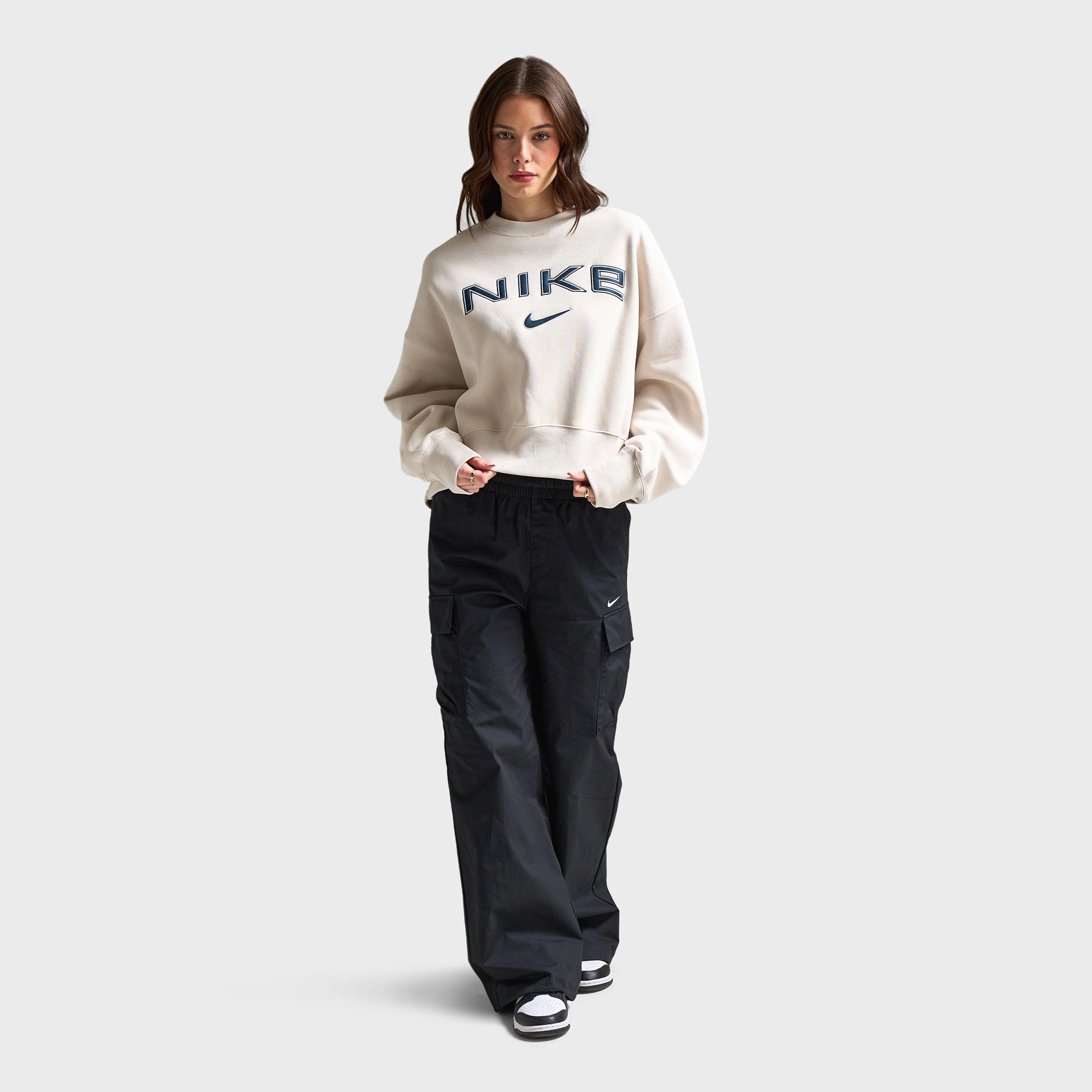 Nike Sportswear Women's Over-Oversized Logo Crewneck Light Orewood Brown / White - Armory Navy